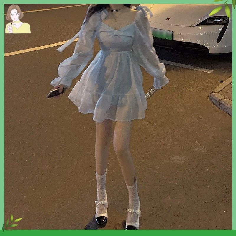 🌷váy babydoll chân váy chữ a Đầm Ngắn Tay Phồng Thắt Nơ Nhấn Eo Phong Cách Pháp Thời Trang Mùa Xuân Cho Nữ