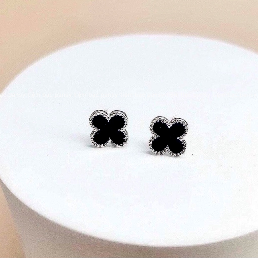 Bông tai bạc nữ PANSY kiểu dáng cỏ 4 lá may mắn sơn đen - Khuyên tai bạc ta cao cấp