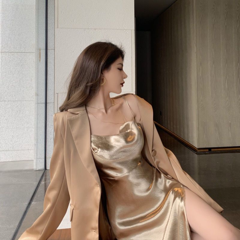 ORDER (ảnh thật ở cuối) váy hai dây satin sexy quyến rũ cổ đổ nhẹ