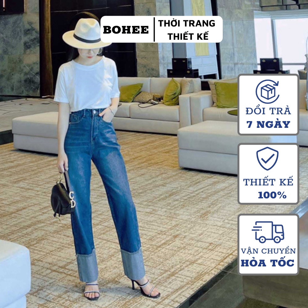 Quần jean nữ đáp gấu cạp cao ống rộng  BOHEE quần jeans ống rộng lưng cao, vải bò dày đẹp , không giãn ,dáng suông Q50