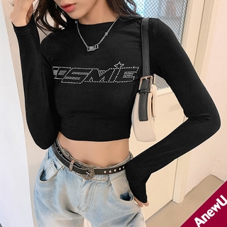 Áo Thun Nữ Tay Dài In Chữ Đính Đá Thời Trang