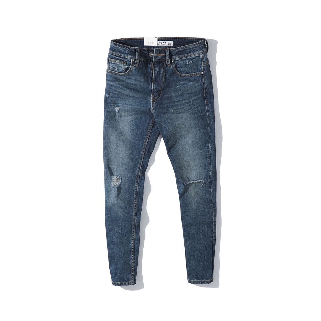 Quần jean dài nam DEFOXX xanh wash rách nhẹ,Form Slimfit,chất vải co dãn,ống quần 15 - 18cm,hàng VNXK -220620