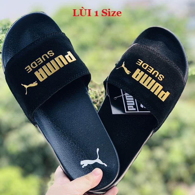 Dép unisex 𝐌𝐋𝐁 𝐏𝐔𝐌𝐀 ❤️FREESHIP + Hộp❤️ dép mlb bóng chày quai ngang thể thao nữ in PUMA da lộn, đen-logo-vàng