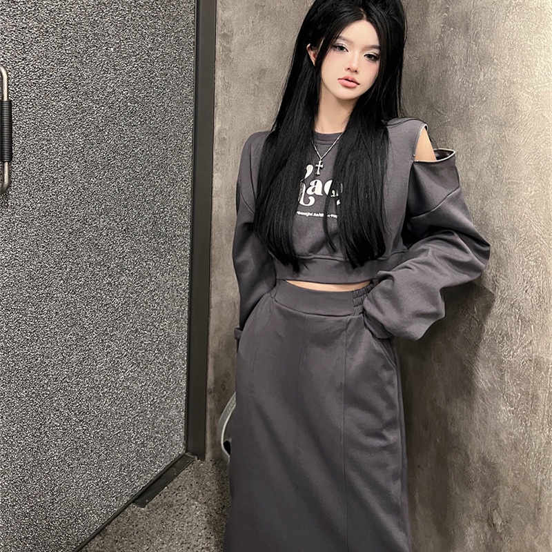 Set Áo Tay Dài Cổ Tròn + Chân Váy Mini Thời Trang Cho Nữ