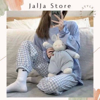 Bộ đồ ngủ nữ dài tay mặc ở nhà cho nữ mùa thu đông quần dài dáng suông kẻ caro Hàn Quốc màu sắc đáng yêu JALJA Set10