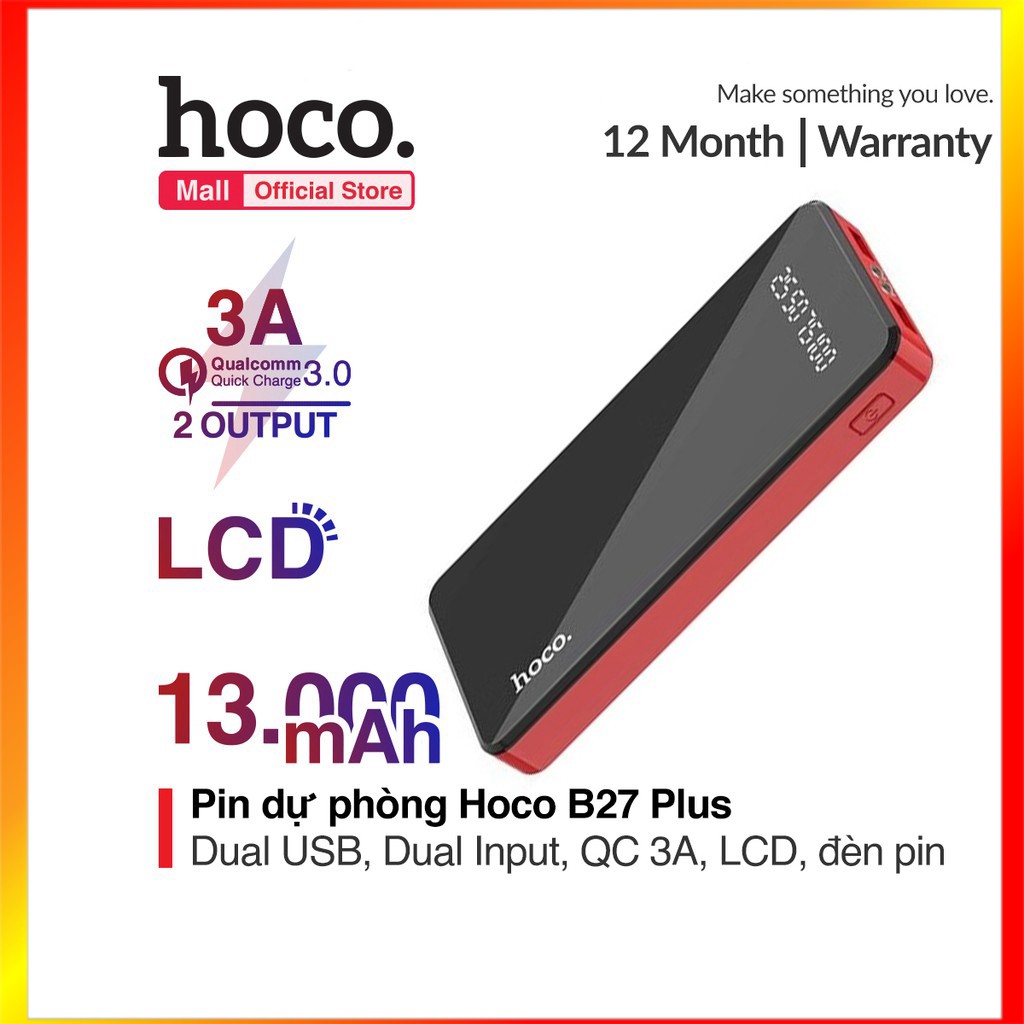 Pin dự phòng Hoco B27 Plus 13000mAh 2 đầu vào (Type-C&amp;Micro-USB) 2 đầu ra chuẩn USB-A sạc nhanh 3.0A tích hợp đèn LED -