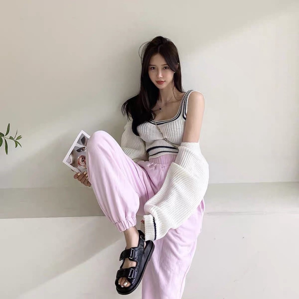 Set Áo Hai Dây Và Áo Khoác Cadigan Màu Trơn Dệt Kim Thời Trang Phong Cách Hàn Quốc Ak1381