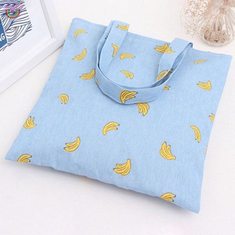Túi tote đeo vai bằng vải canvas in họa tiết quả chuối màu xanh dương thời trang cho nữ