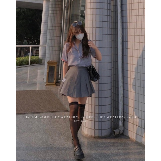 Set bộ Thomb chân váy xoè áo sơ mi, Set đồ nữ hoạ tiết kẻ sọc phong cách Hàn Quốc