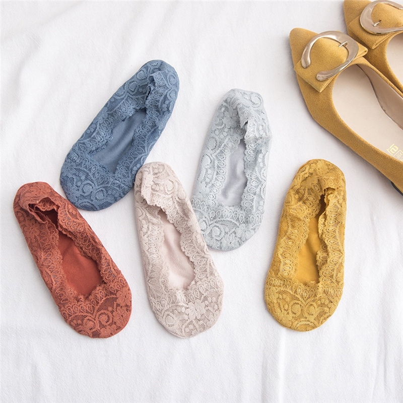 Invisible Colorful Lace Boat Socks Women Non Slip Mesh Hollow Out No Show Socks Anti Skid Peds Thin Seamless Summer Slipper Socks