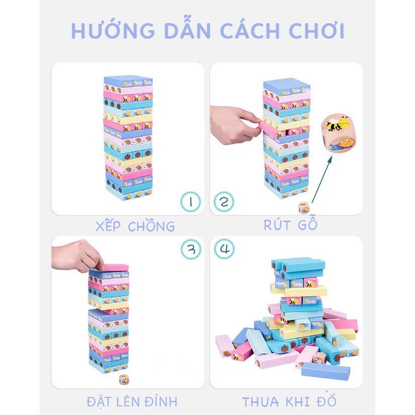 [Sale Khủng] Bộ đồ chơi rút gỗ 51 thanh in hình ngộ nghĩnh nhiều màu sắc cỡ lớn - trò chơi gắn kết gia đình