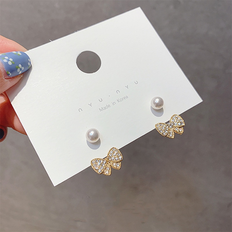 Khuyên tai hình nơ đính đá zircon đơn giản thời trang Hàn Quốc cho nữ
