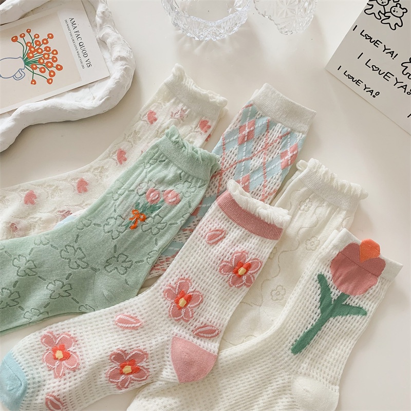 Hàng Có Sẵn Vớ cotton Ba Chiều Lưới Rỗng Mỏng Thoáng Khí Họa Tiết Hoa Nhỏ Màu Đỏ Đáng Yêu Mùa Hè Cho Nữ