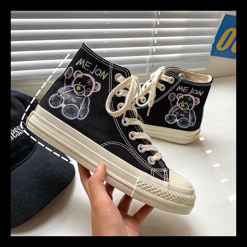 Giày cv cổ thấp hình gấu MEJON dáng thể thao bata nữ ulzzang full box, giày đế bằng vải canvas