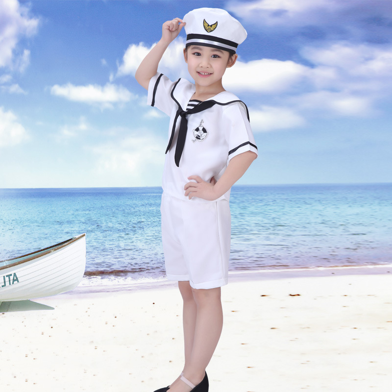 Kids White Nautical Sailor Costume Girls Sailor Dress Boys Navy Shirt Suit Set with Hat