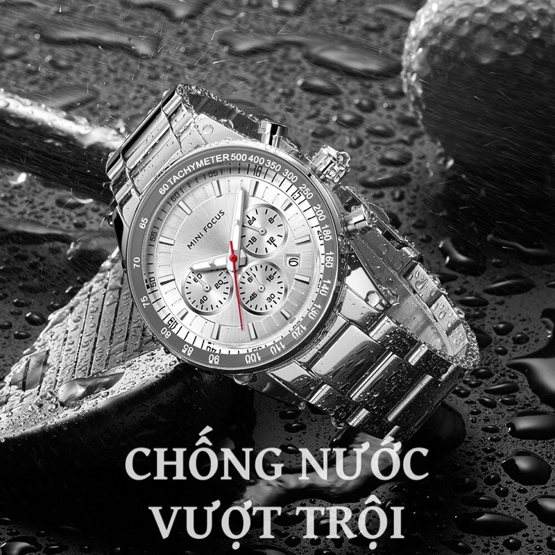 Đồng Hồ Nam MINI FOCUS MF0187G.01 Dây Thép Bạc Mặt Đen Chống Nước 6 Kim Cao Cấp - TIGO
