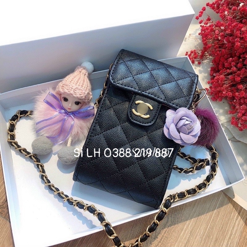 Túi Đeo Chéo Nữ Đựng Điện Thoại Logo Vàng Đồng Da Hạt Siêu Đẹp