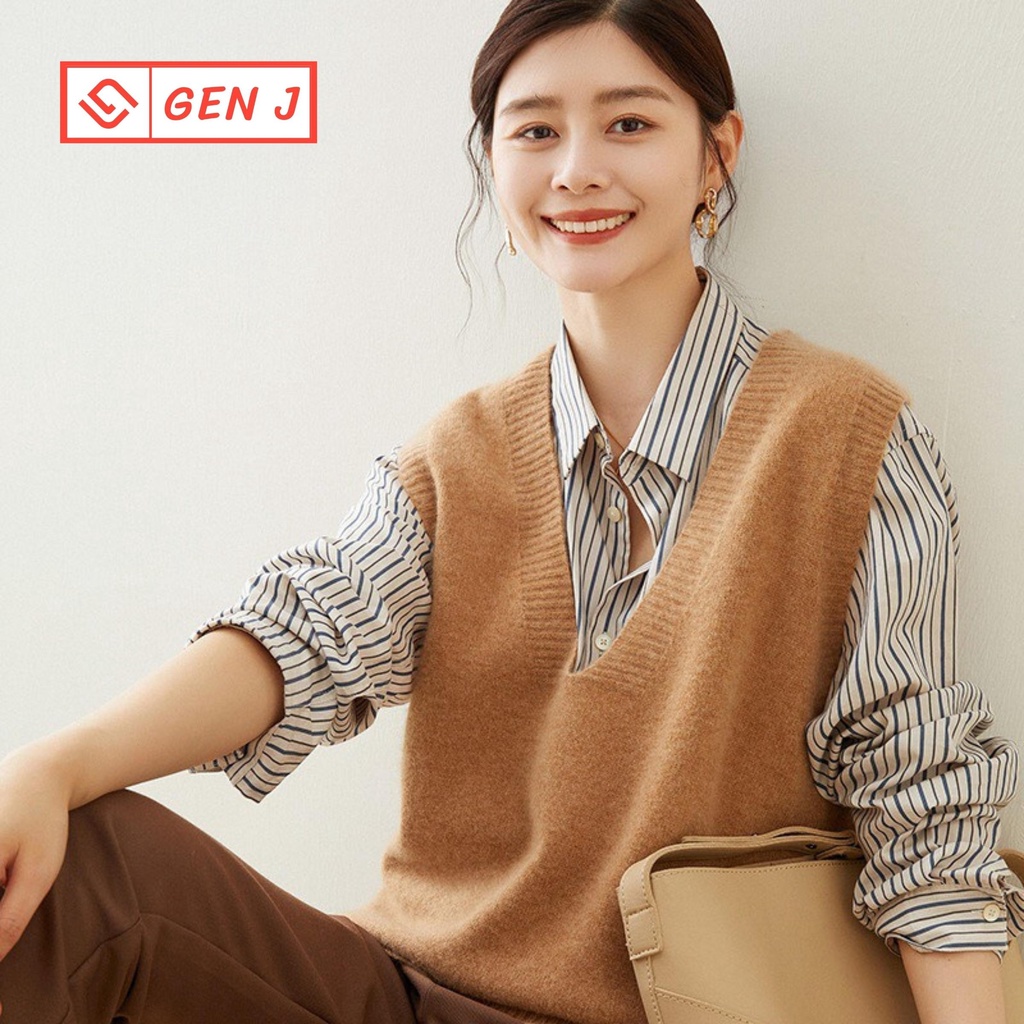 Áo gile len nữ mỏng cổ tim chất đẹp - Gen J - 03