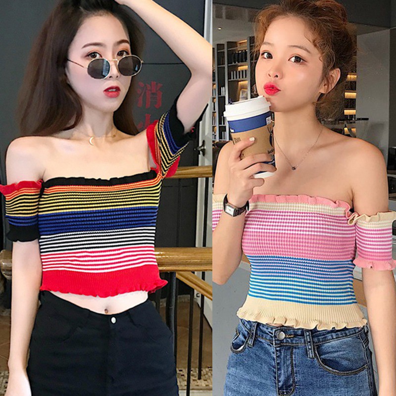 Áo Croptop dệt kim ngắn tay trễ vai sọc ngang quyến rũ