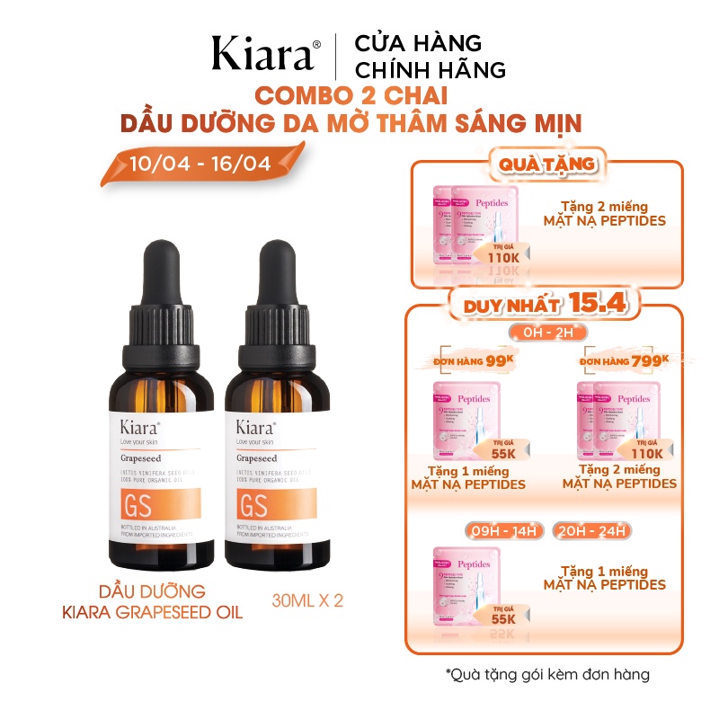 Combo 2 chai Dầu dưỡng ẩm mờ thâm sáng da Kiara Grapeseed Oil 2x30ml