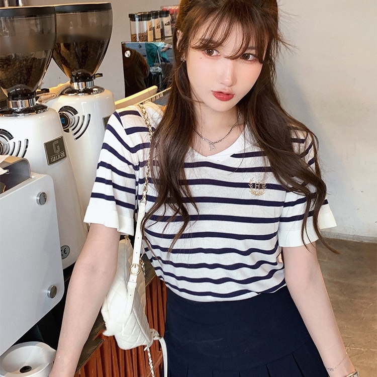 Áo thun SUXI ngắn tay cổ chữ V họa tiết kẻ sọc đơn giản thời trang mùa hè cho nữ