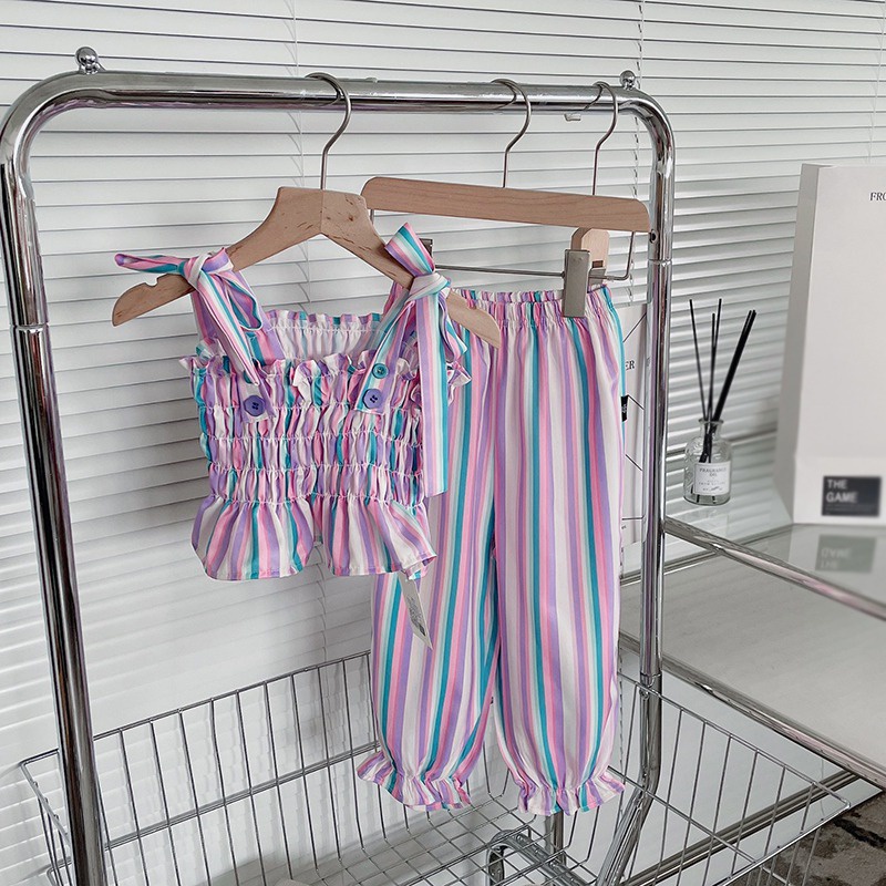 Bộ Áo Sát Nách Kẻ Sọc + Quần Dài Thời Trang Mùa Hè Cho Bé Gái Se7en