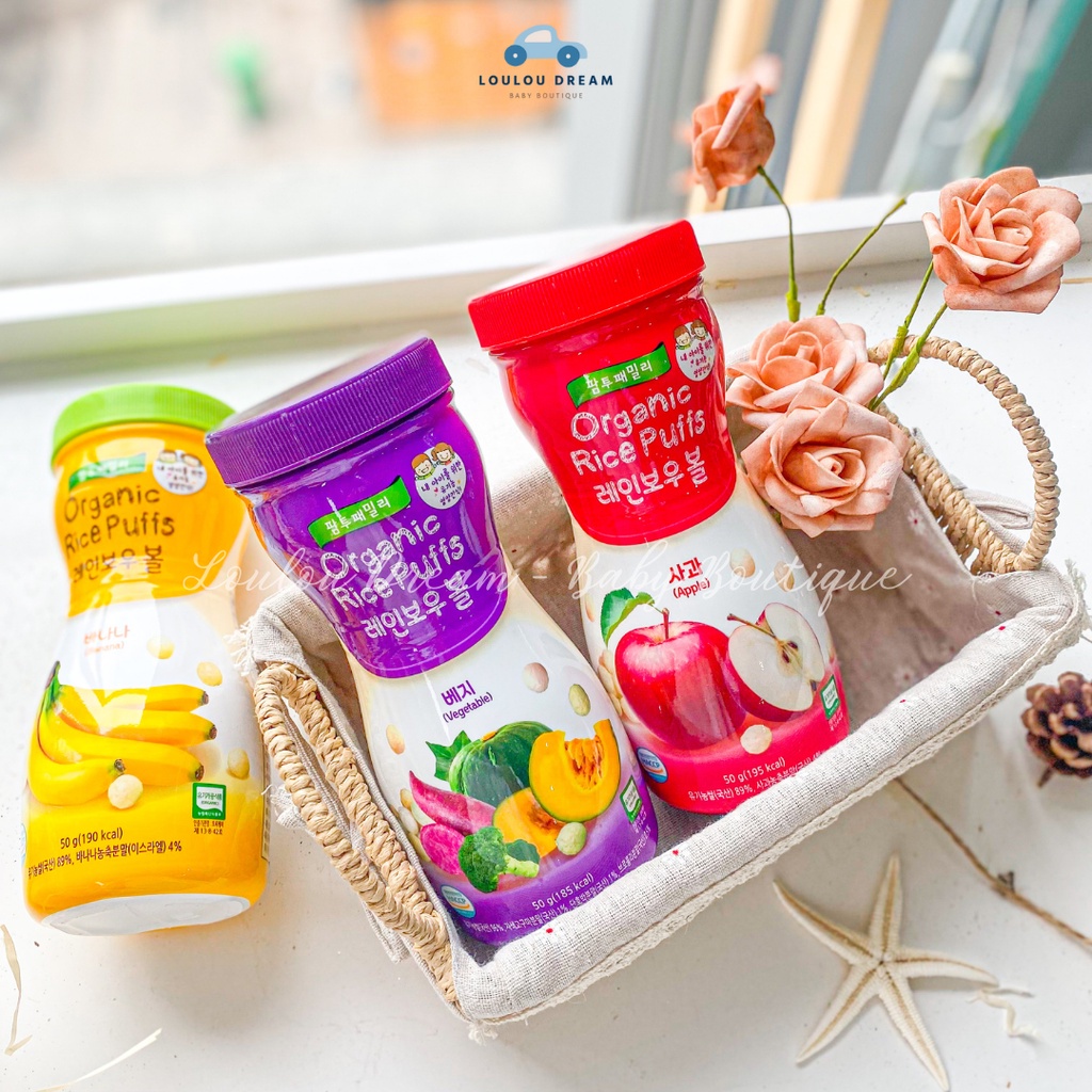 Bánh gạo ăn dặm Farm to Family hữu cơ - Organic Rice Puffs dạng viên cho bé từ 6 tháng Hàn Quốc 50g [BAY AIR]