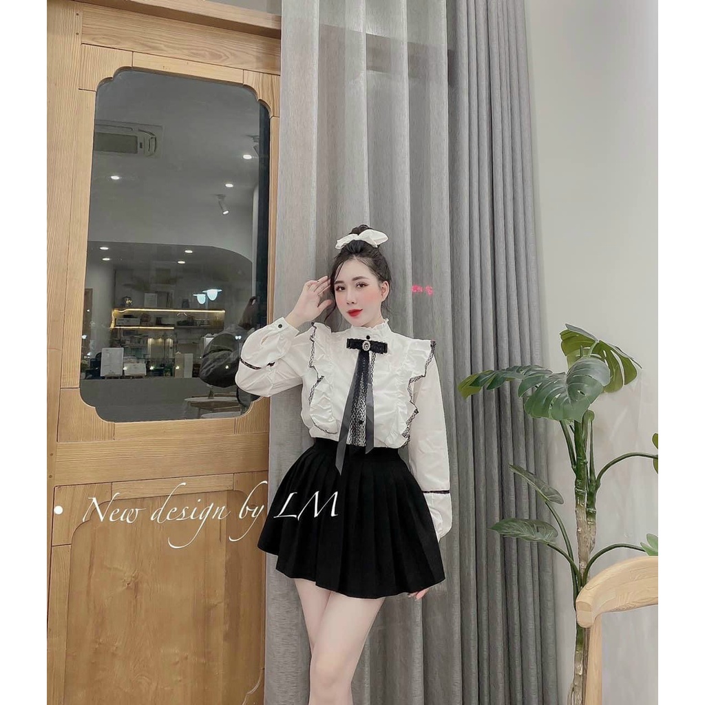 áo sơ mi tay bồng cổ nơ viền bèo kaca shop
