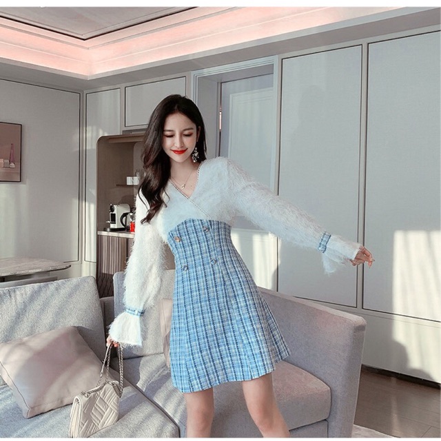 [CÓ SẴN-size S] Đầm dạ caro tiểu thư cổ v(Có ảnh thật) | BigBuy360 - bigbuy360.vn