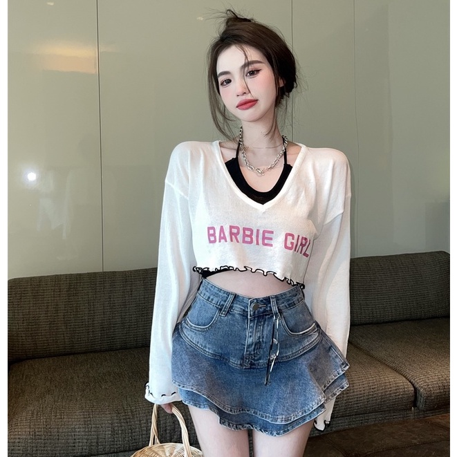 Bộ Áo Yếm + Áo Sơ Mi Chống Nắng + Quần Denim Eo Cao Dáng Chữ a Phong Cách Hàn Quốc Thời Trang Mùa Hè