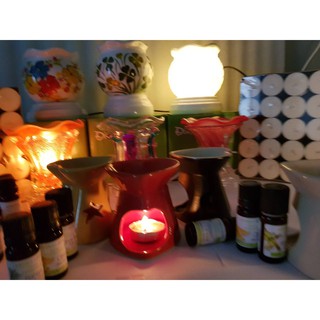 Combo 2 đèn đốt nến tinh dầu tim và 50 nến tealight  - tặng kèm 10ml tinh dầu Sả chanh