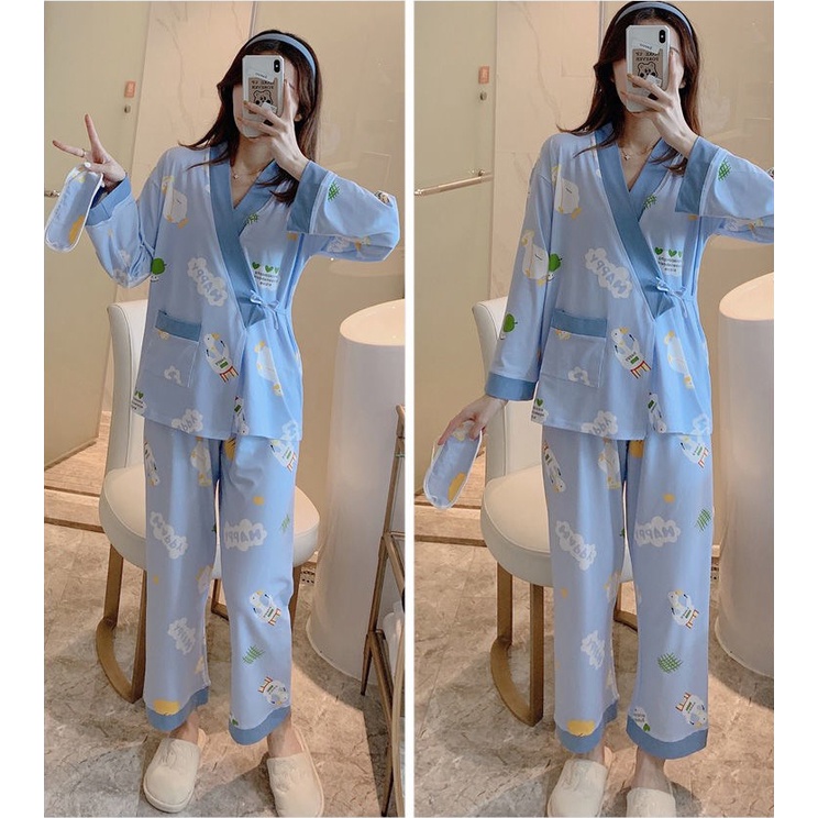 Bộ đồ ngủ pyjama có dây eo họa tiết hình dễ thương chất liệu thun sữa mềm mịn ( tà đắp chéo )