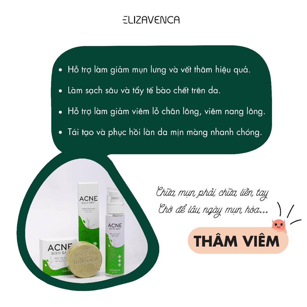 Combo Xịt Mụn Lưng 150gr + Xà Phòng ELIZAVENCA - Tinh Chất Trà Tràm, Bùn Khoáng Nhật Bản