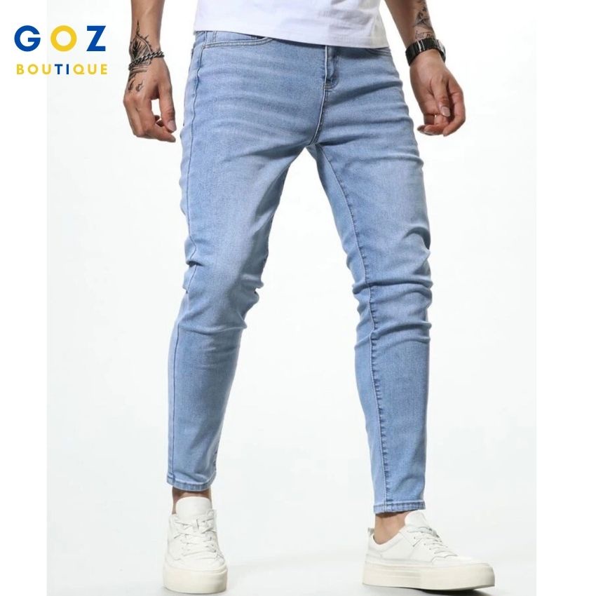 Quần Jean Nam GOZ Màu Xanh, Trơn - Cào Rách, Phom Ôm, Trẻ Trung, Thanh Lịch, Co Giãn Tốt , Size &lt; 84Kg
