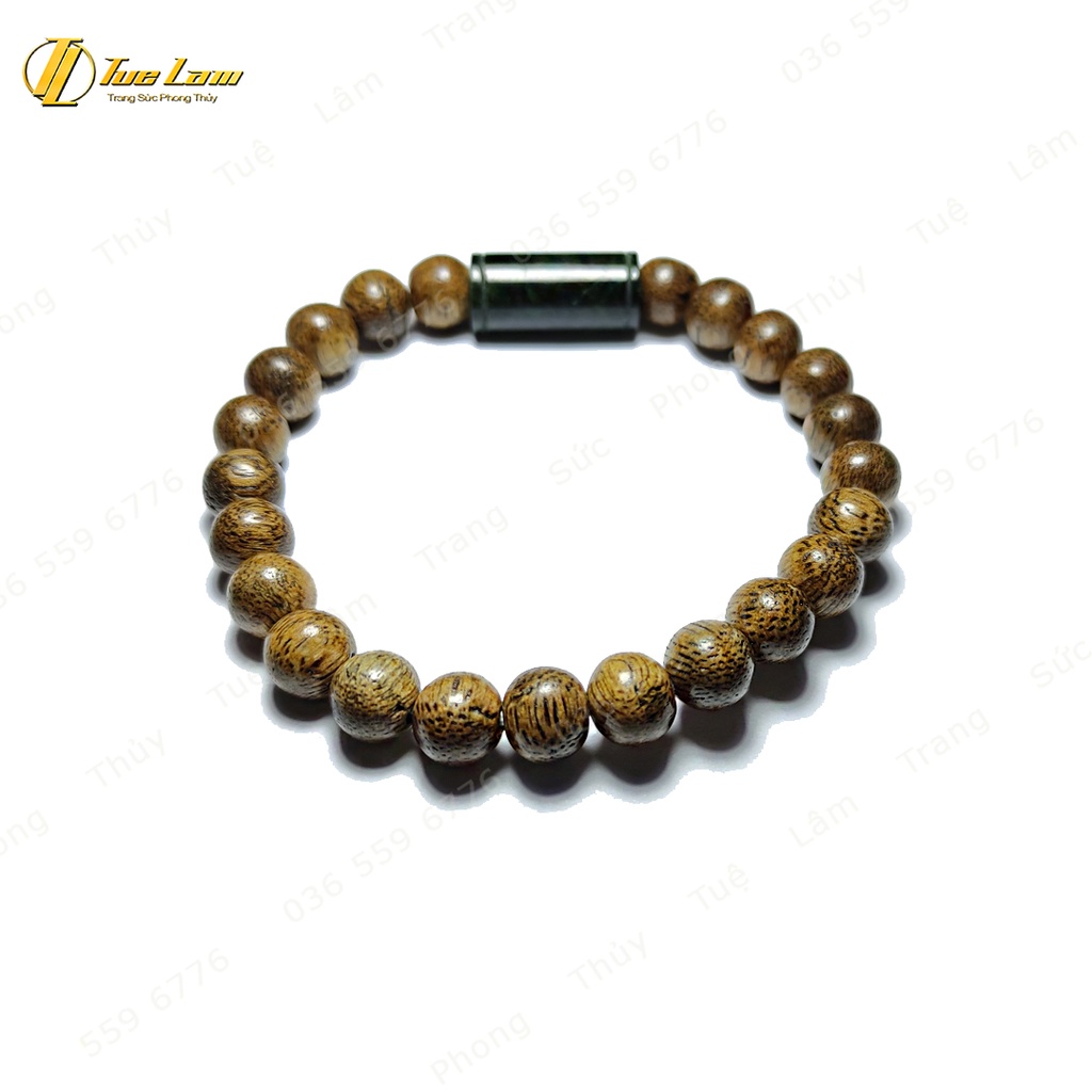 Vòng tay hạt gỗ trầm hương tốc vườn size 8 li mix lu thống sơn thủy màu xanh rêu - Tuệ Lâm