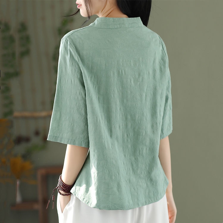 Áo Kiểu Cổ Đứng Màu Trơn Cỡ Lớn Phối Nút Cài Thêu Họa Tiết Thời Trang Mùa Hè Cho Nữ