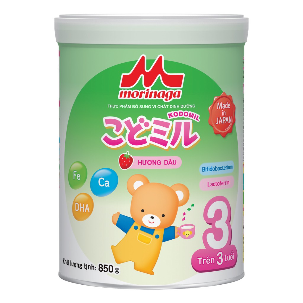 Sữa Morinaga số 3 Kodomil lon lớn 850g Hương dâu  cho bé từ 3 tuổi (sữa mát cho bé, không táo bón)