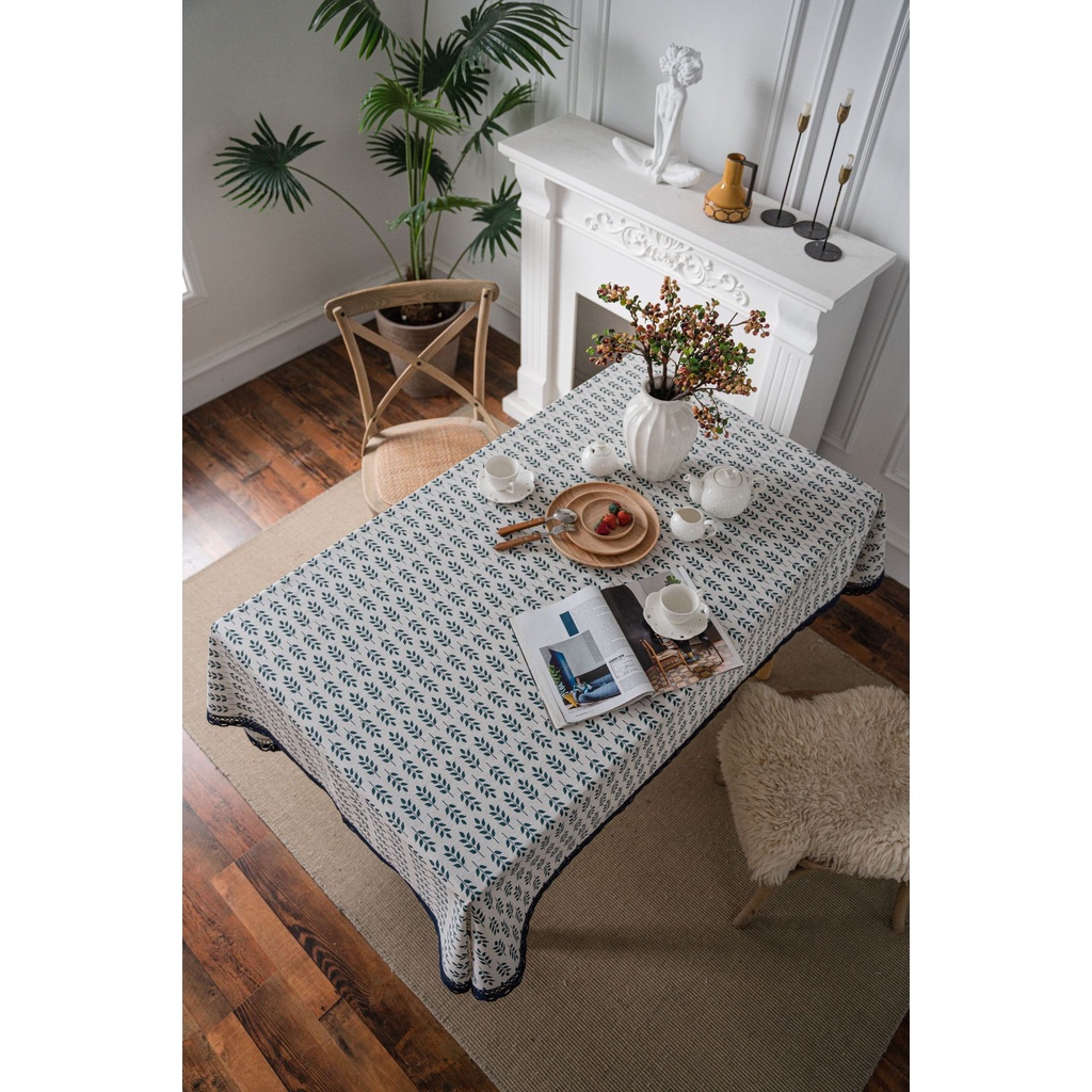 Khăn Trải Bàn Vải Lanh Cotton In Họa Tiết Tai Thỏ Màu Xanh Lá Xinh Xắn