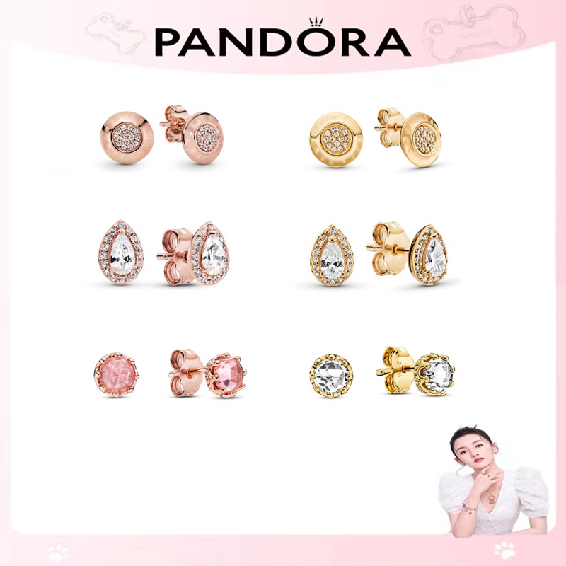 PANDORA Mua 1 Tặng 1 | Bông Tai Mạ Bạc 925 Hình Giọt Nước Đính Kim Cương Giả Nhiều Kiểu Dáng Hợp Thời Trang