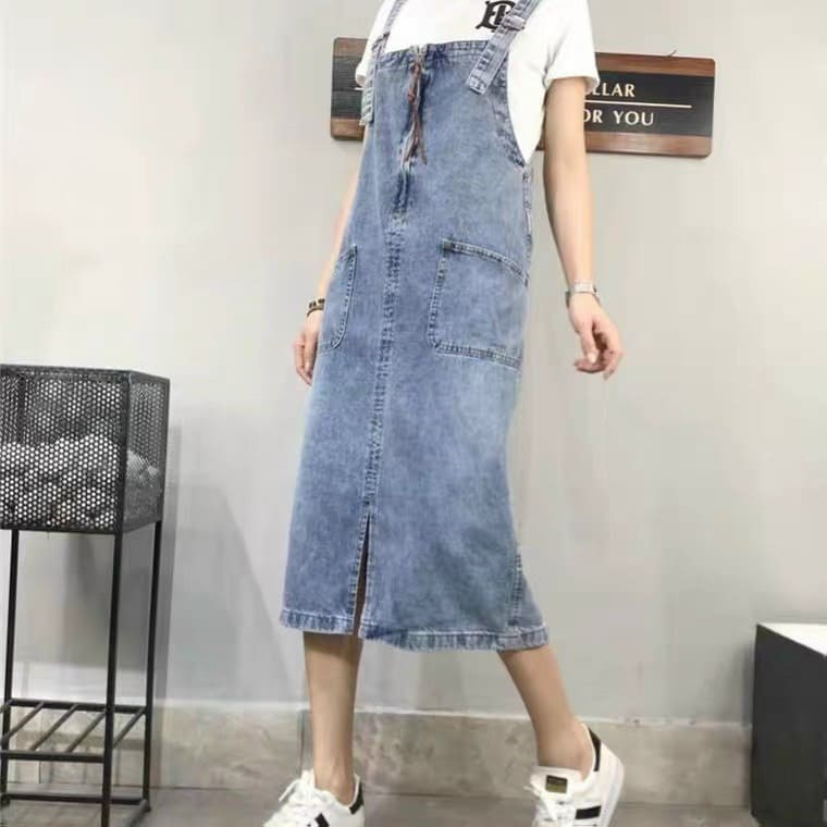 Yếm váy jeans dáng dài thời trang Ulzzang.Yếm váy khóa trước phối 2 túi cao cấp cá tính phong cách Hàn trẻ trung .