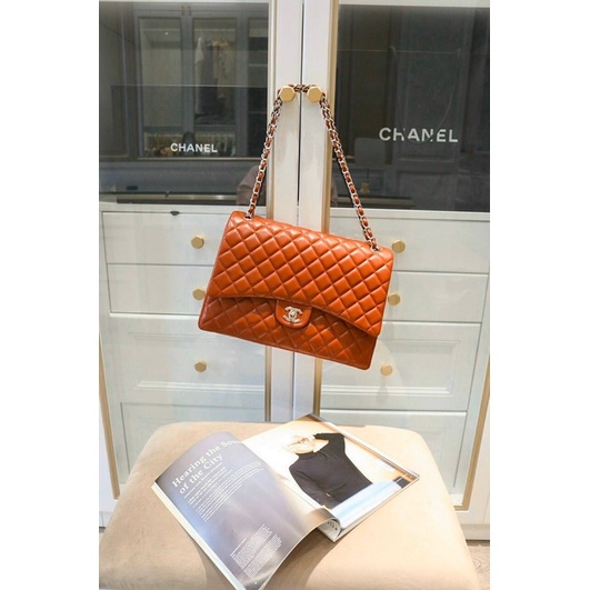 Chanel Classic tag bạc size 33cm da mịn trơn hai màu kem đỏ đẹp nha