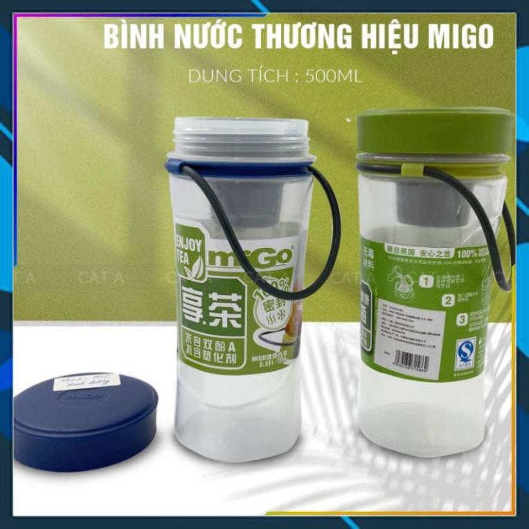 Bình đựng nước, bình nước bằng Nhựa BPA FREE MIGO Cao cấp - 1522 - An toàn, trong suốt, có rây lọc, quai xách tiện lợi!
