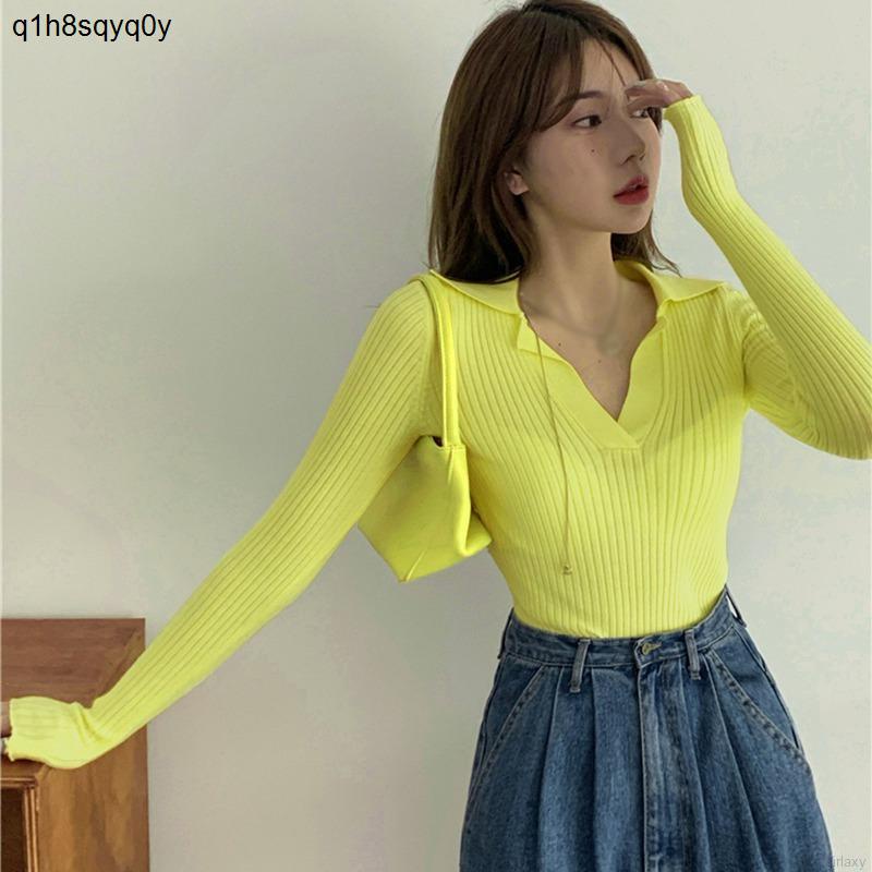 ao thunÁo Thun Dệt Kim Tay Dài Cổ Bẻ Màu Trơn Phong Cách Hàn Quốc Thời Trang Sành Điệu