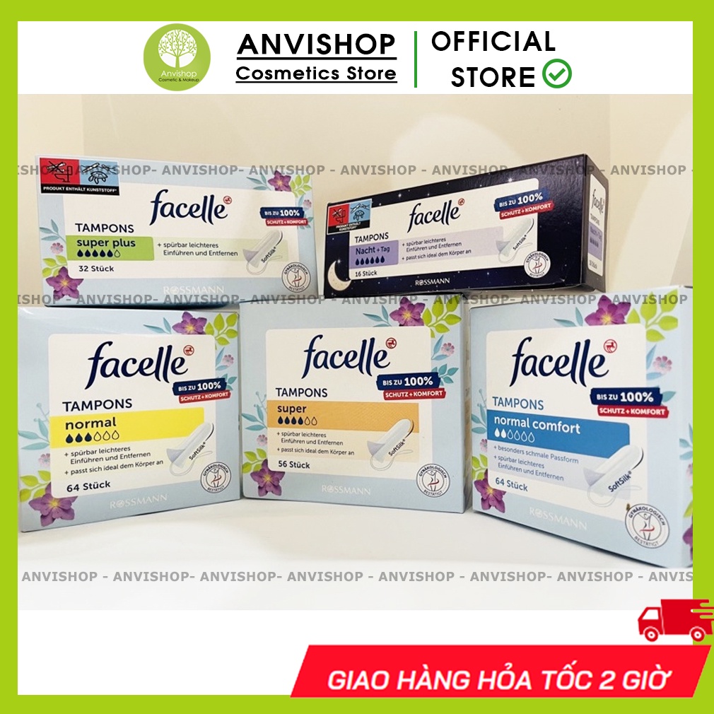 Băng vệ sinh Tampon Facelle đầy đủ size hàng Đức siêu mềm thấm hút cao - BĂNG VỆ SINH DẠNG NÚT- BVS