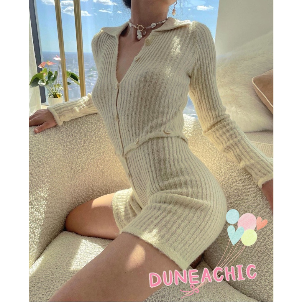 DUNEA Jumpsuit Dệt Kim Tay Dài Phối Nút Thiết Kế Ôm Sát Tôn Dáng