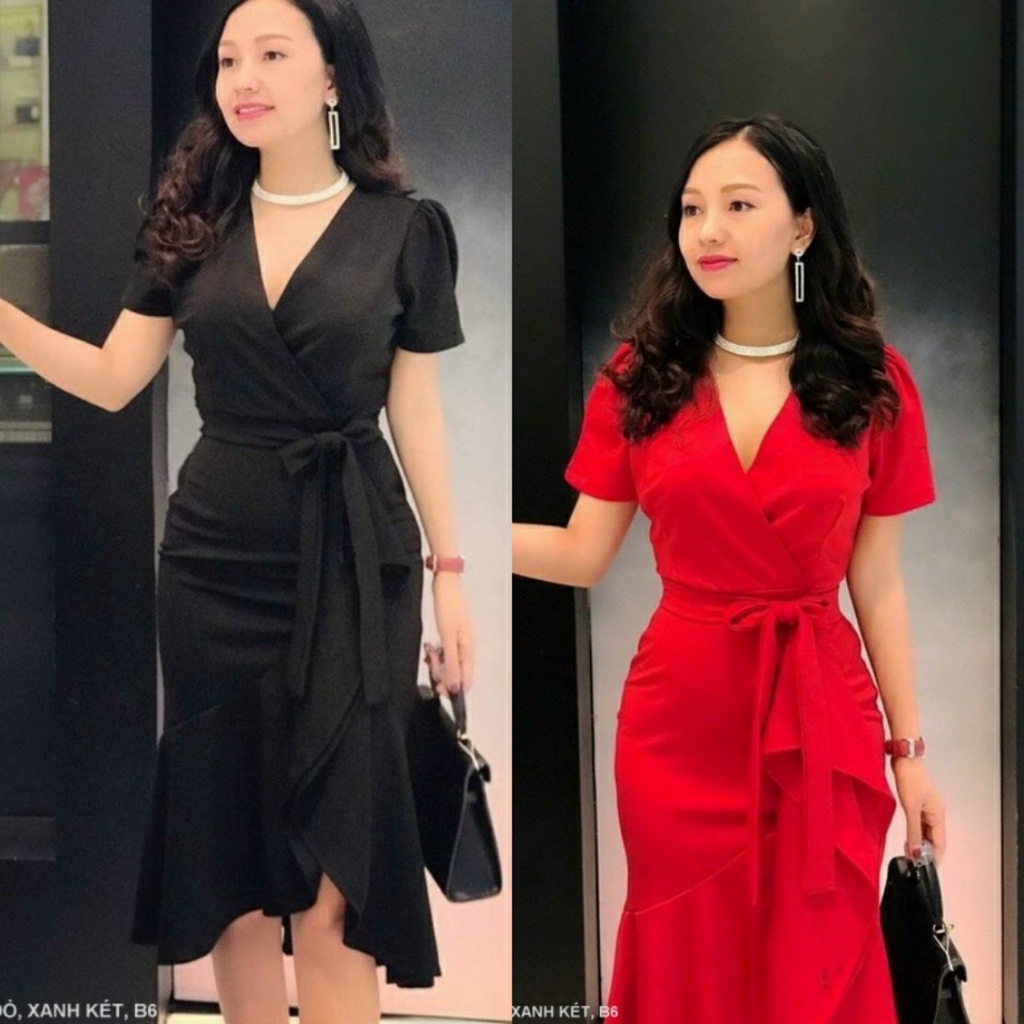 THUN UMI ĐẦM CỔ TIM CHÉO TAY NGẮN EO THẮT NƠ - YB220332