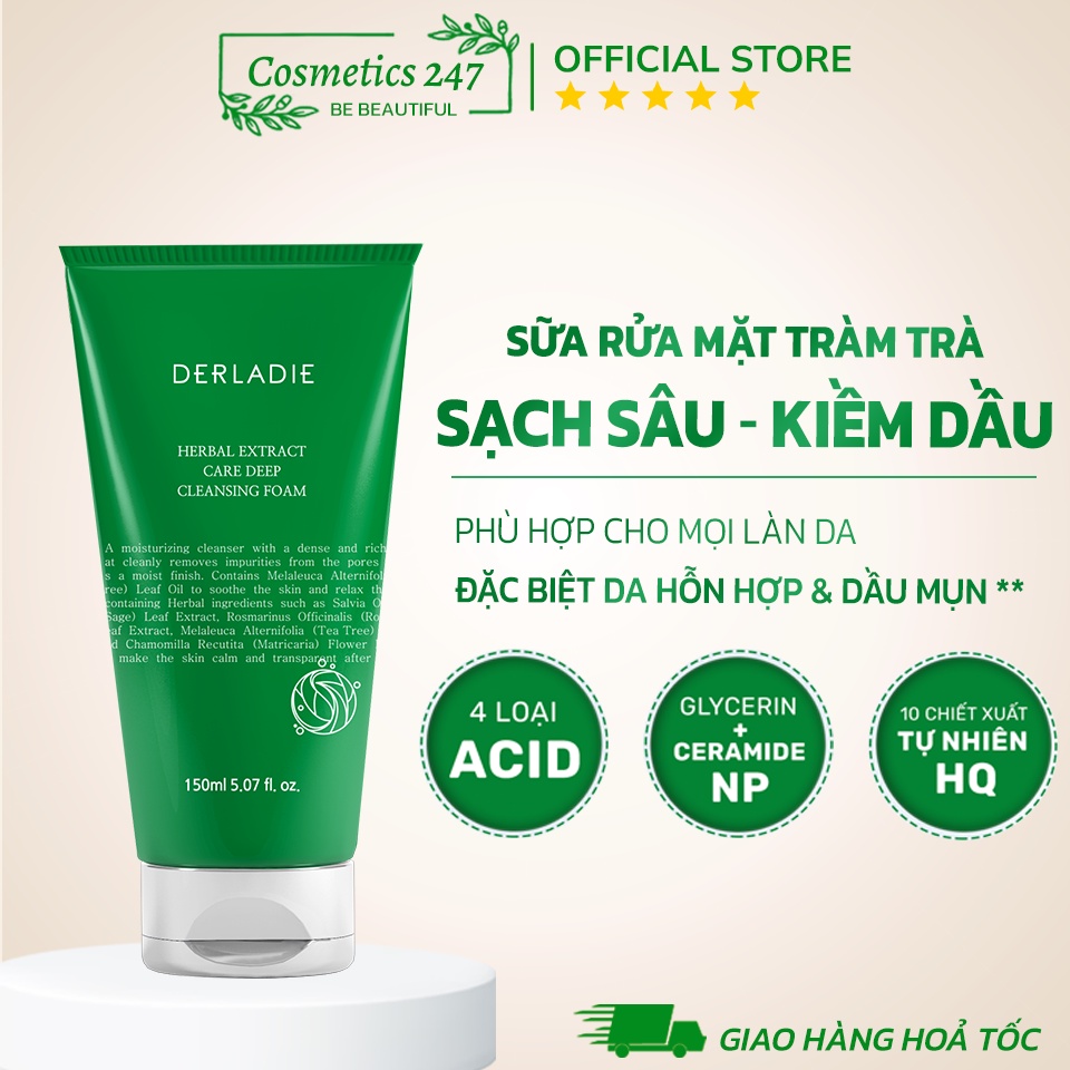 Sữa Rửa Mặt Derladie Herbal Extract Care Deep Cleansing Foam Tràm Trà Sạch Sâu, Kiềm Dầu 150ml