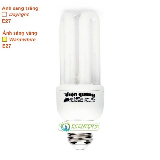 Bóng đèn Compact Điện Quang-CFL-3U-T4-14W-DL/WW-E27 ( Ánh sáng trắng + vàng )