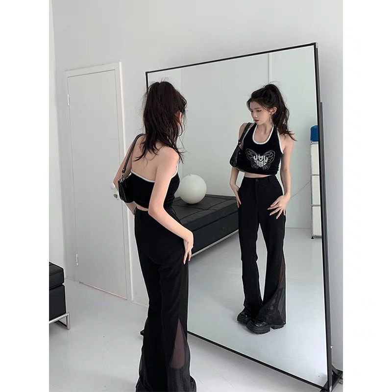 ℡☇◘Áo Hai Dây Ngắn Mỏng Ôm Dáng Màu Đen Trơn Phong Cách Desire Thời Trang Mùa Hè Cho Nữ