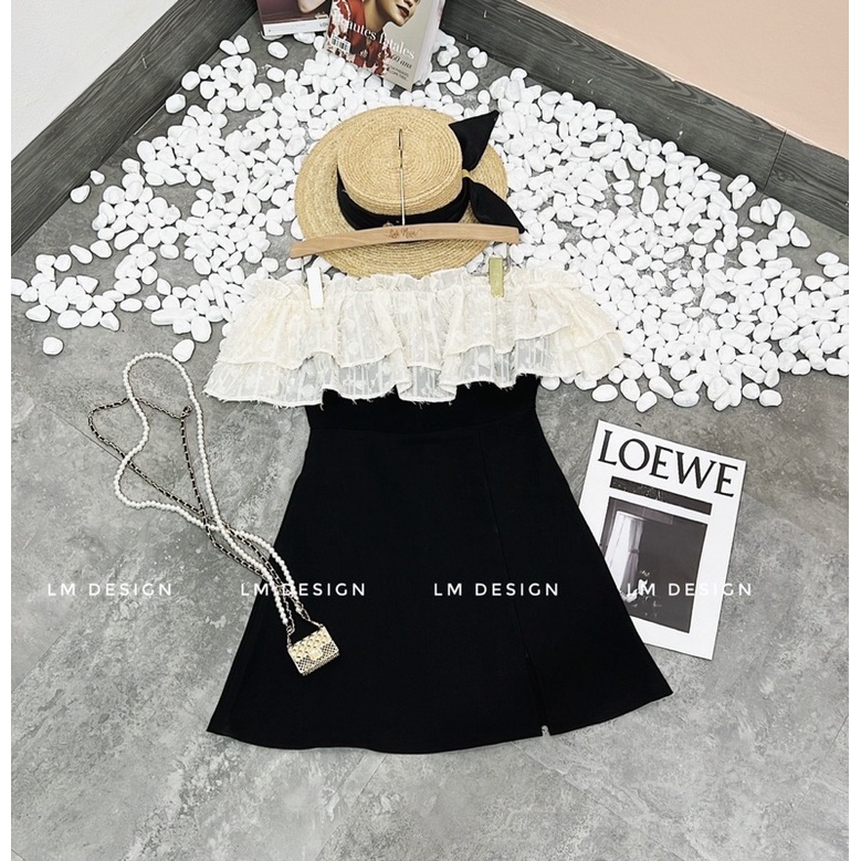 VÁY TRỄ VAI ĐEN XẺ PHỐI THÂN REN BÈO VTVBVH